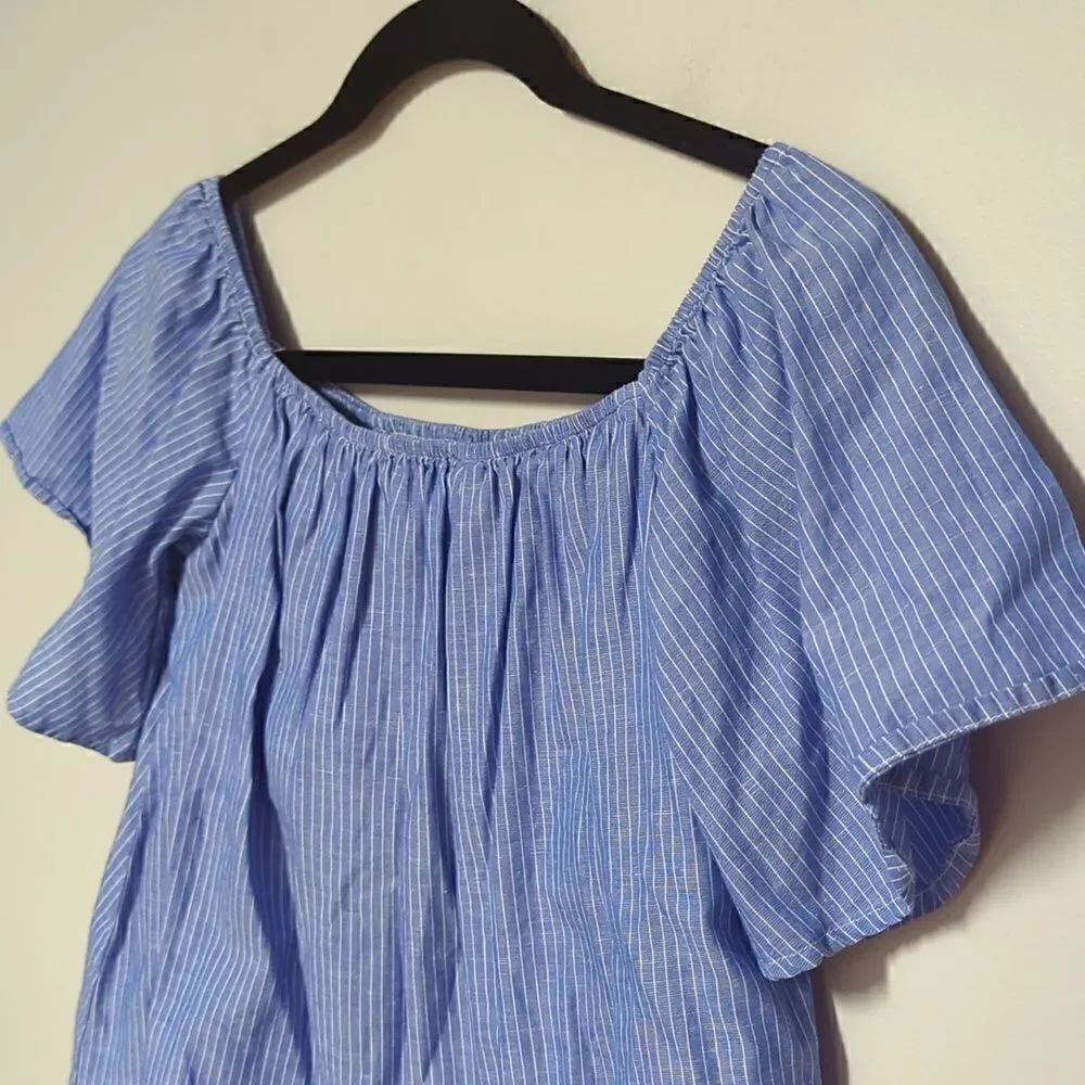 Express Blue Pin Striped Off the Shoulder Blouse - Picture 2 of 6